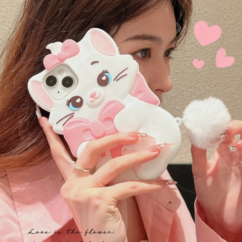 Lovely Marie Cat Bow Cartoon Cute Pink Cat With Plush Pendant Phone Case