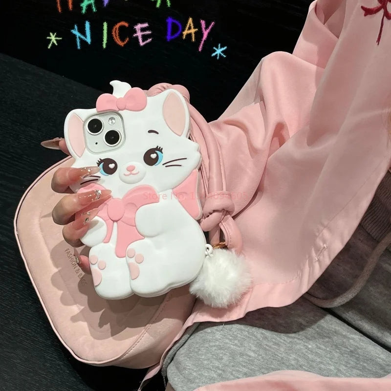 Lovely Marie Cat Bow Cartoon Cute Pink Cat With Plush Pendant Phone Case