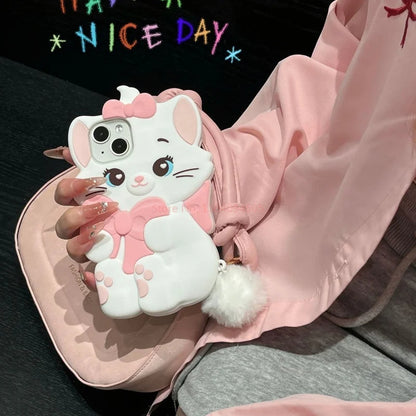 Lovely Marie Cat Bow Cartoon Cute Pink Cat With Plush Pendant Phone Case