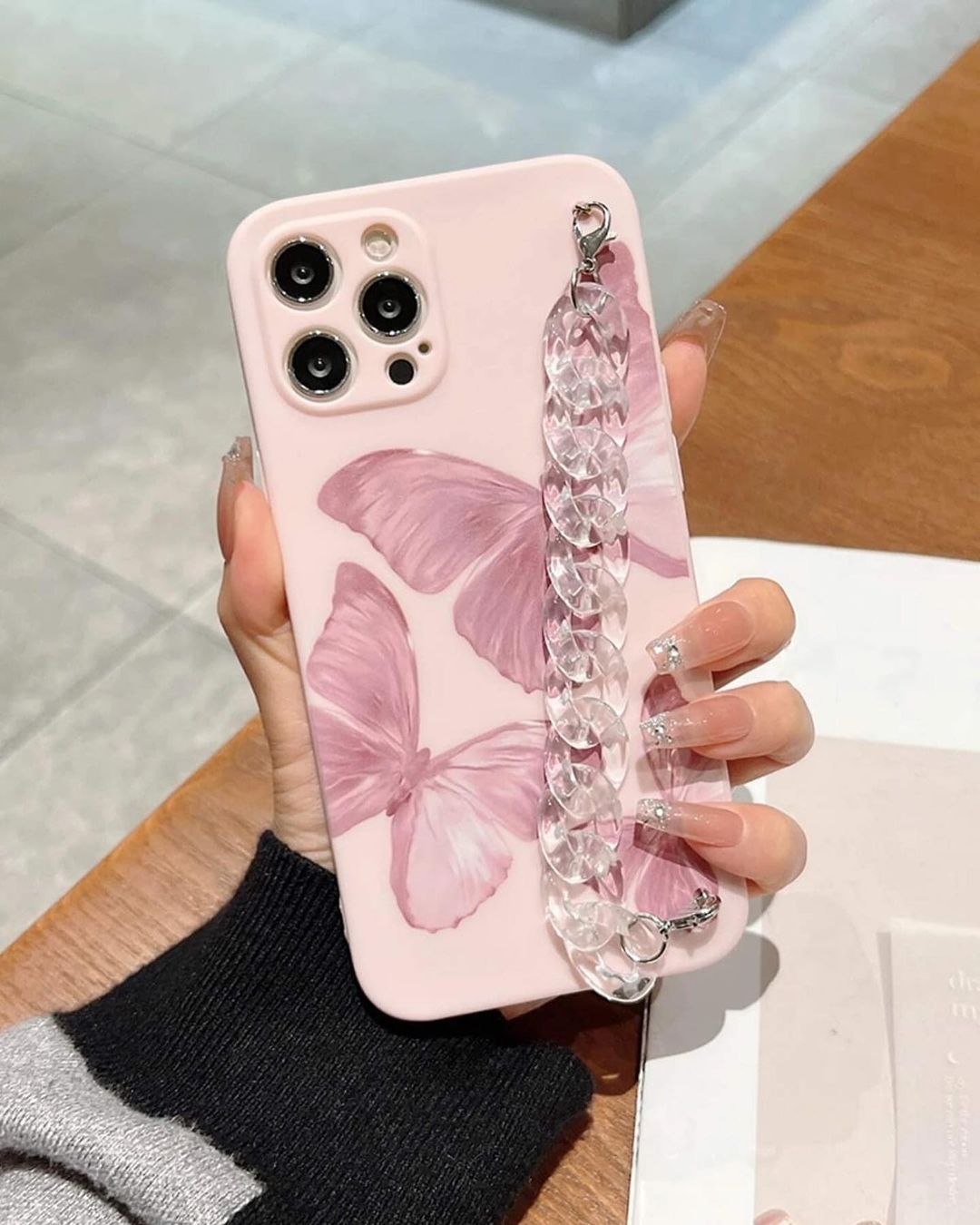 Butterfly Printed Case with Transparent Crystal Chain