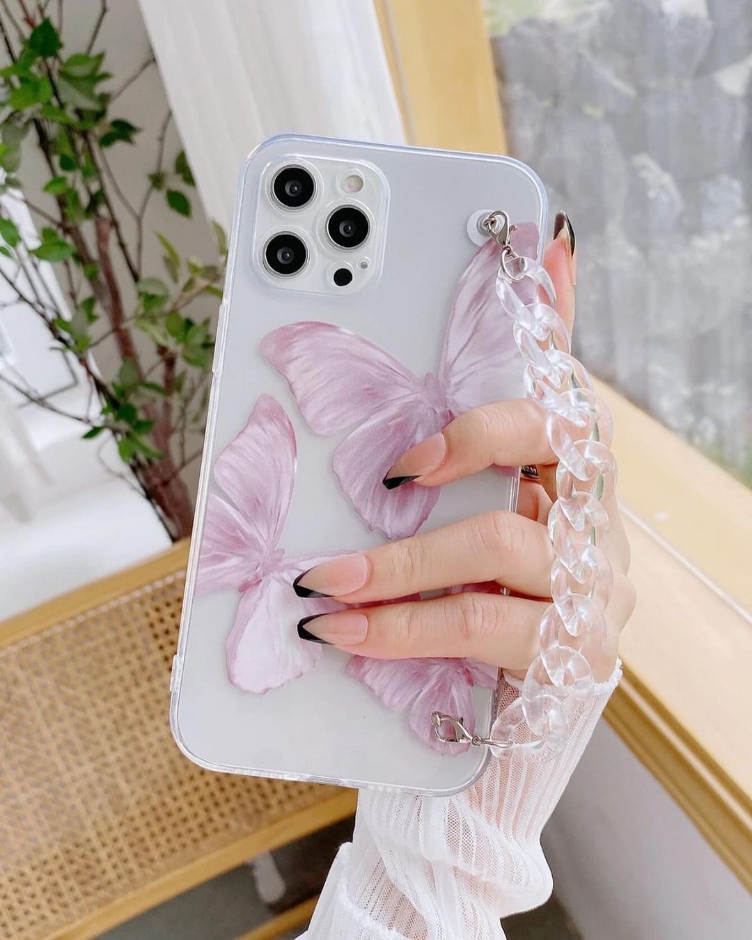 Butterfly Printed Case with Transparent Crystal Chain