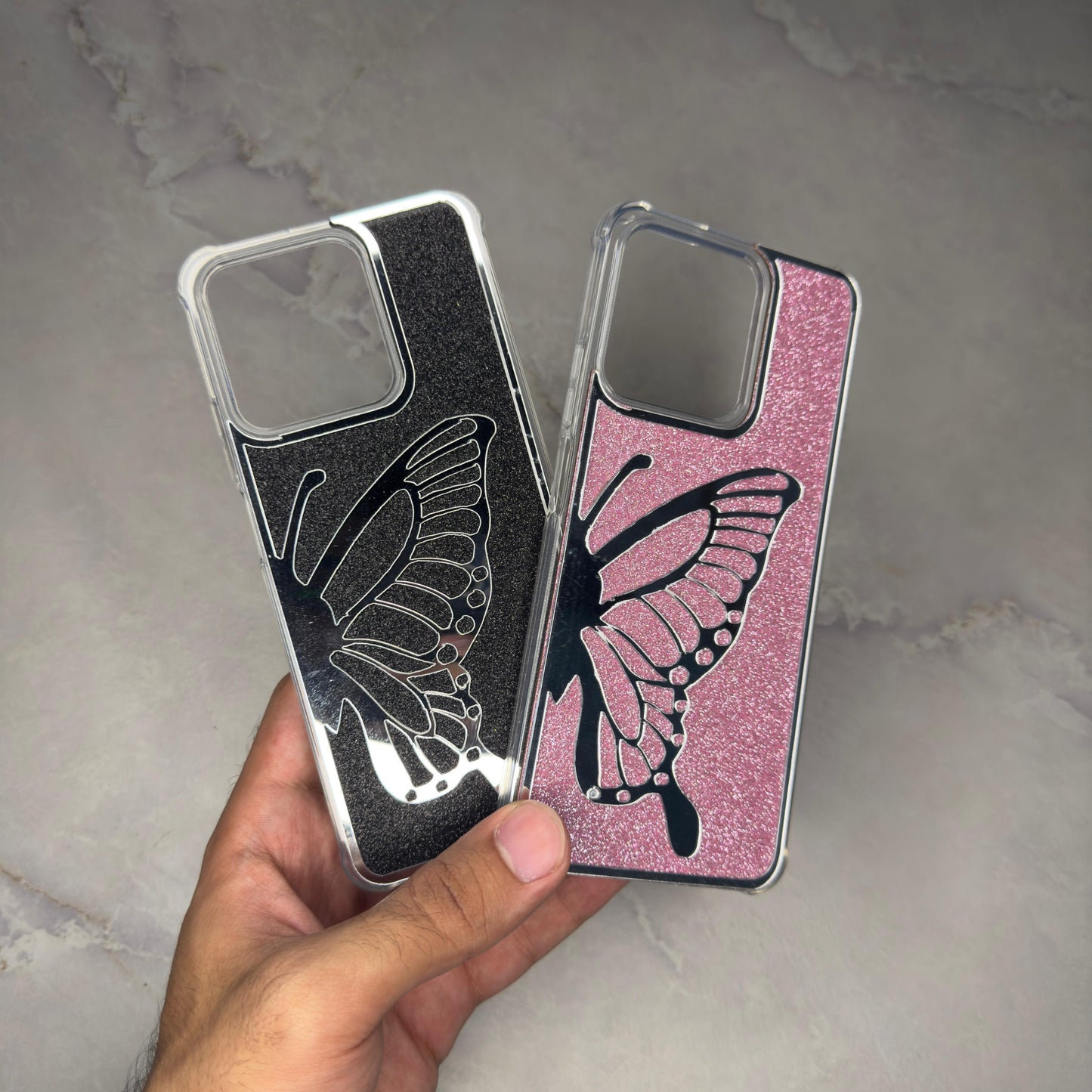 Butterfly Glitter Mirror Case (BLACK & PINK COLOR)